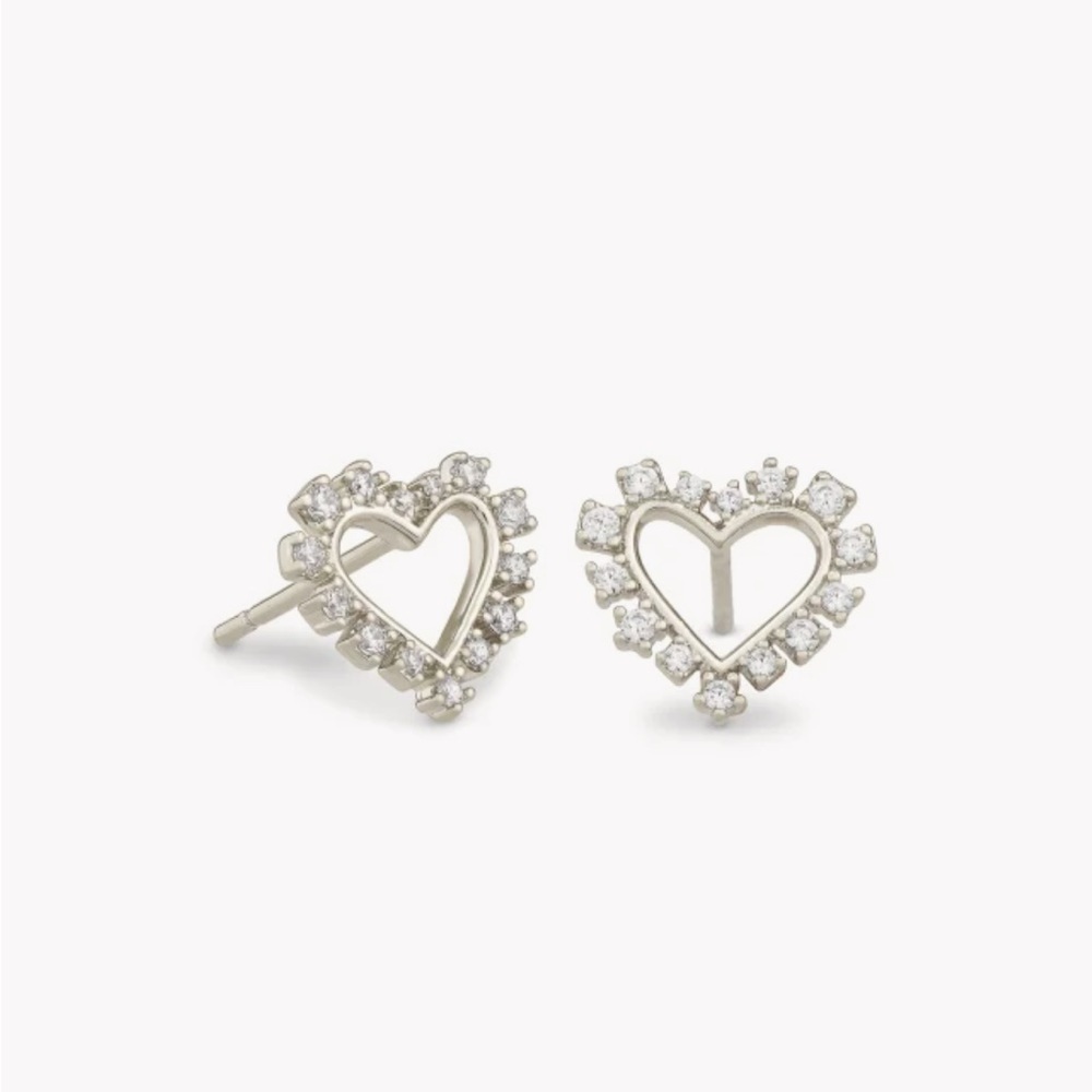 Kendra Scott Ari Heart Silver Stud Earrings in White Crystal NWT